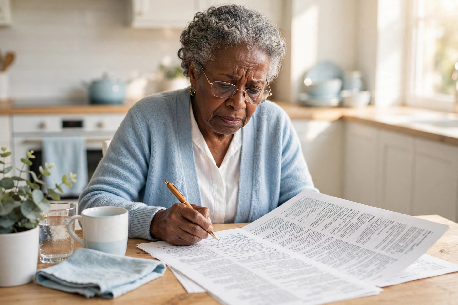 Senior woman reviewing a complex paper form at her kitchen table