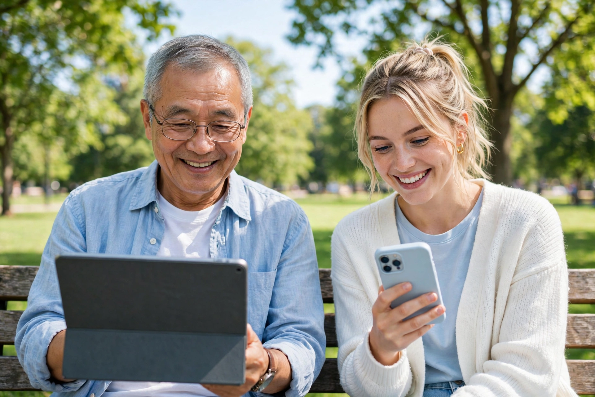 Older Asian man and younger woman side by side on a park bench, each looking at their own device