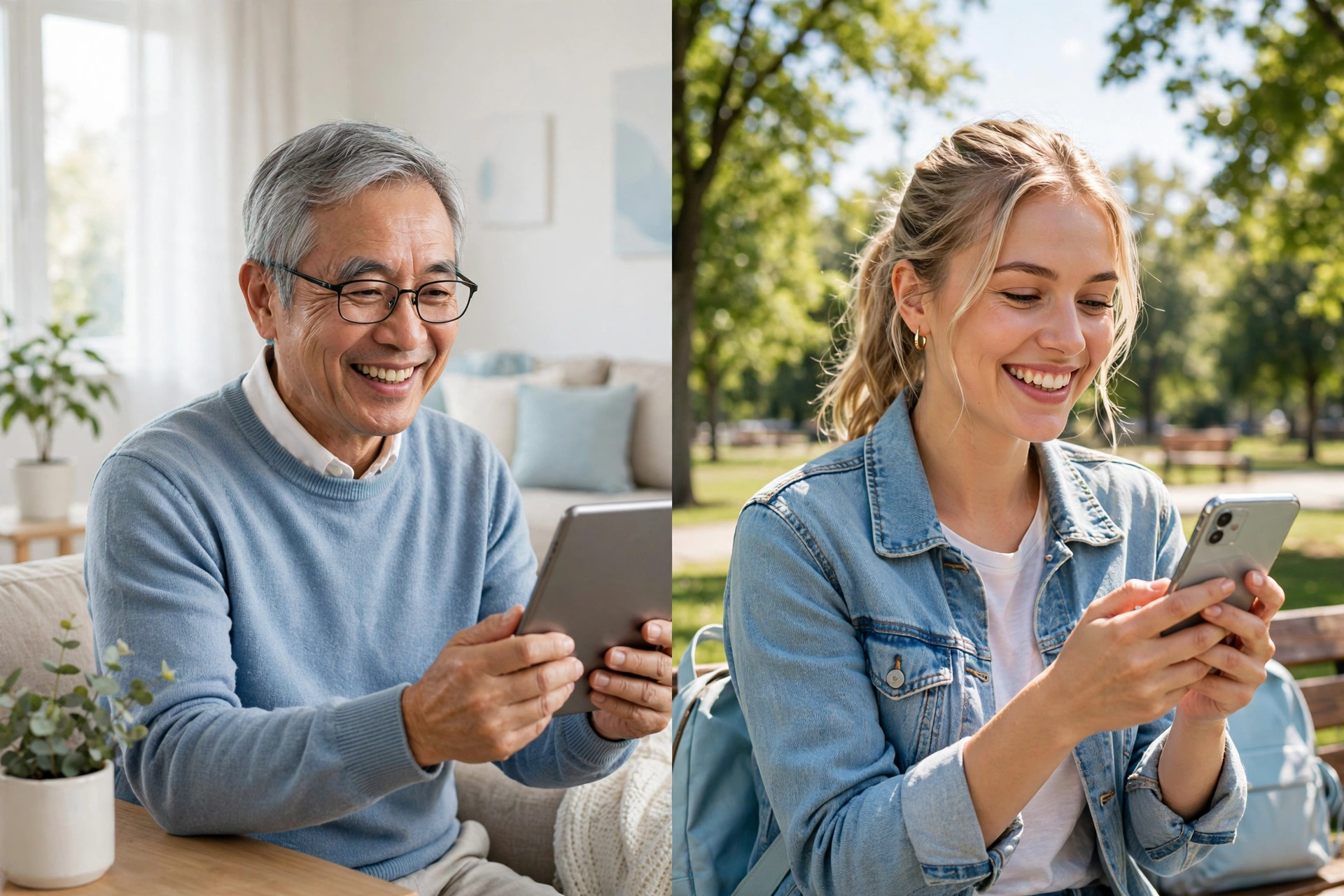 Neighbors of diverse backgrounds looking at a smartphone together in a park