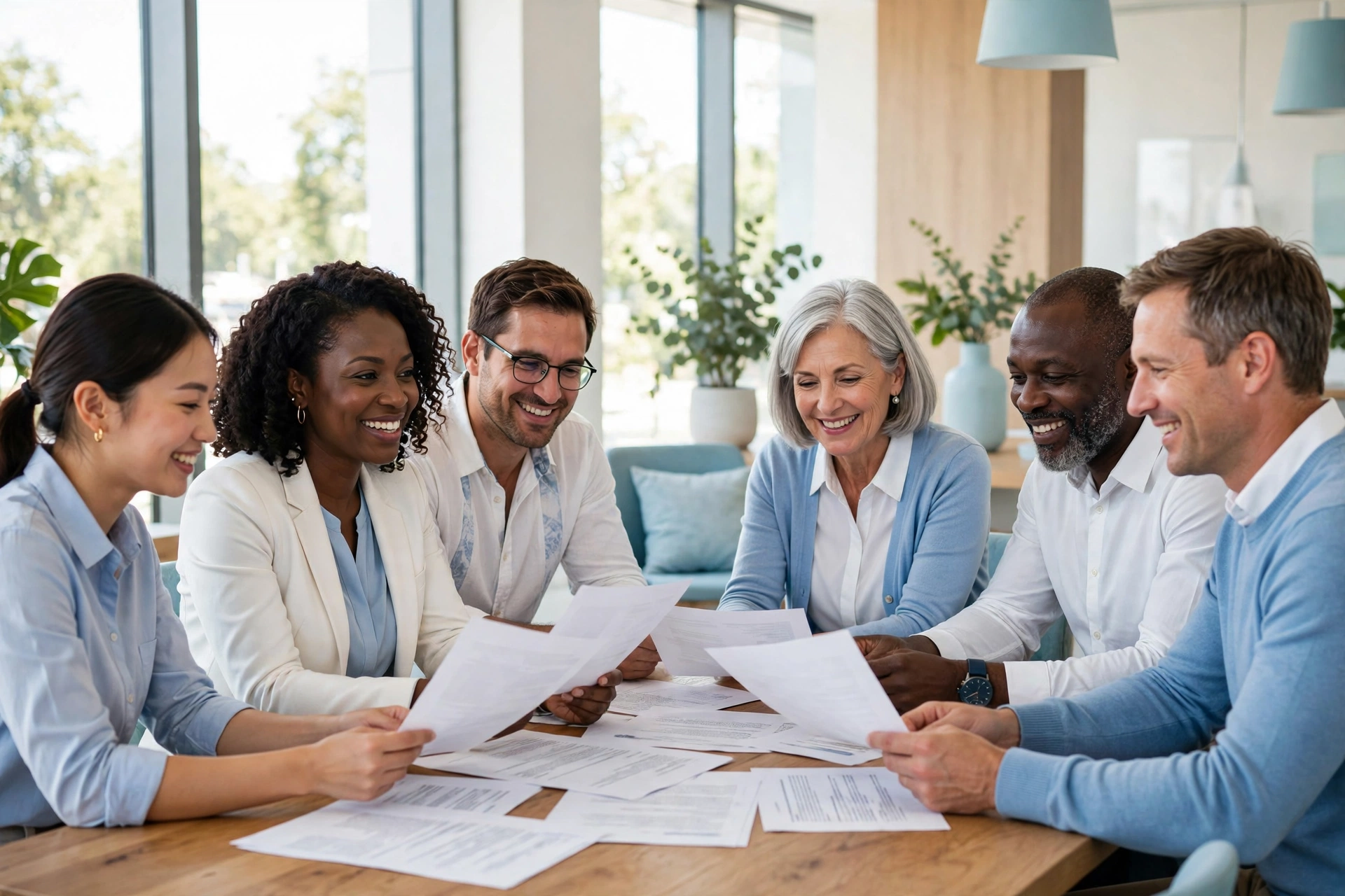 Diverse team reviewing documents around a sunlit table