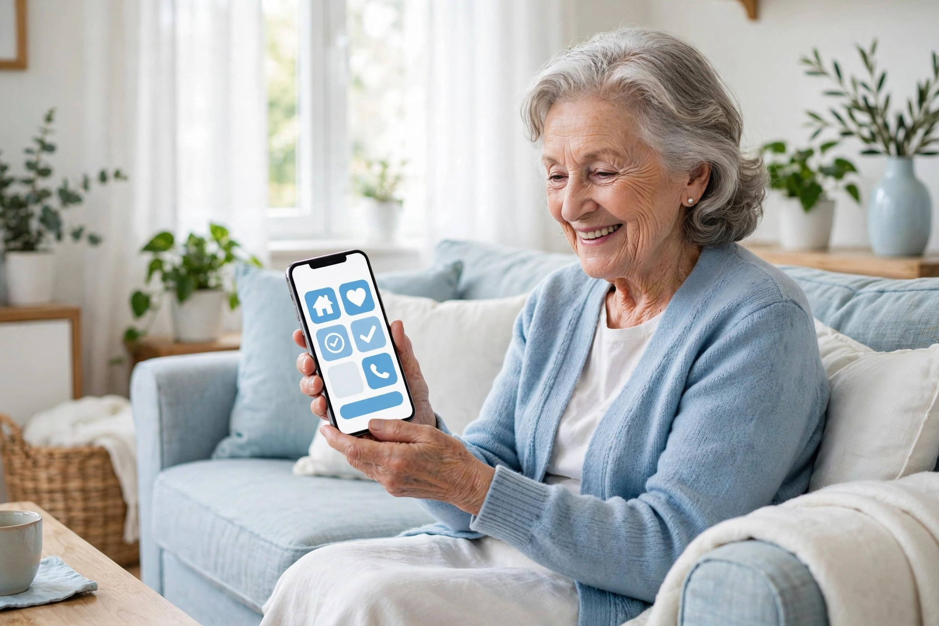 Senior woman smiling while using a smartphone with large text
